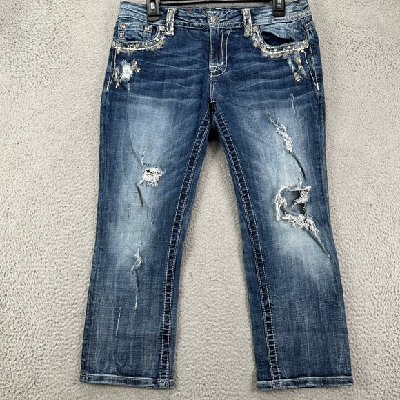 Miss Me Womens Cropped Jeans 29 Blue Distressed Destroyed Mid Rise Denim Pants‎